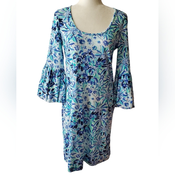 Lilly Pulitzer Carlile Small Blue Iris High Mainten Blouson Sleeve Pima Beach S - Picture 3 of 13